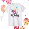 A white kids birthday number t-shirt featuring the text Its my 3rd birthday with a striped yellow and pink party hat design.
