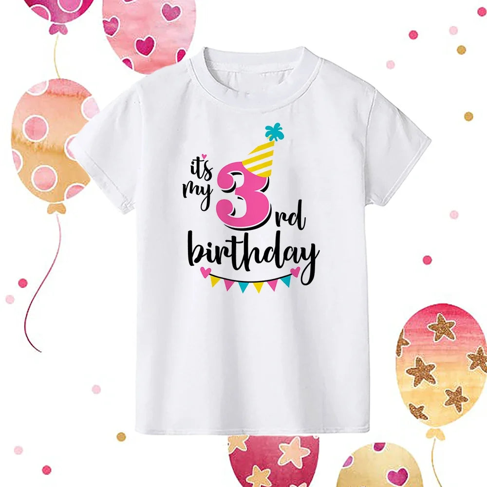 A white kids birthday number t-shirt featuring the text Its my 3rd birthday with a striped yellow and pink party hat design.