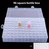 A clear multi-compartment storage box with 96 square bottle slots, containing various small items like beads and plastic piec
