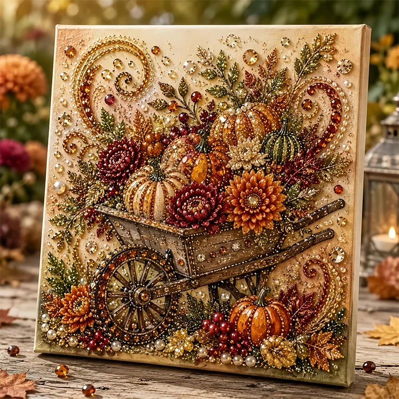 A framed painting kit featuring a detailed 3D fall harvest scene with pumpkins, leaves, and pearls.