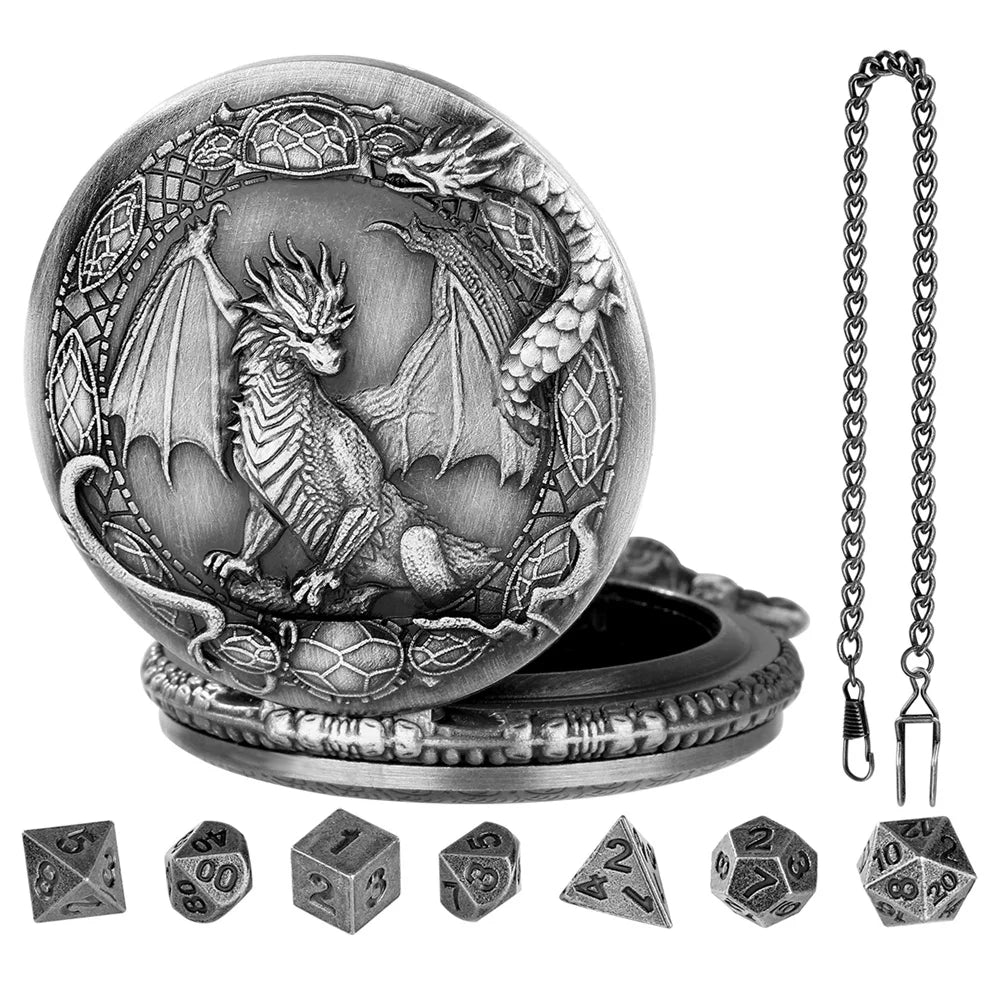 A detailed metal dragon design on a watch case with seven small dice.