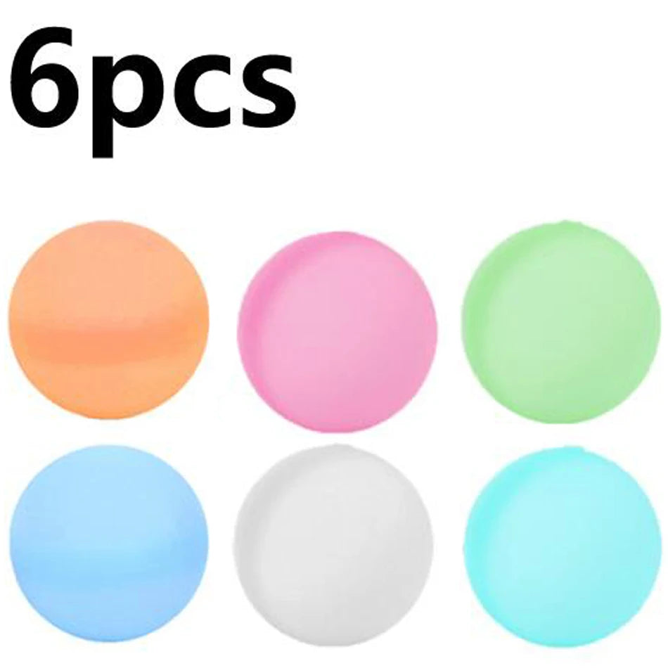 A set of six reusable quick-fill water balloons in various pastel colors including orange, pink, light green, white, and blue