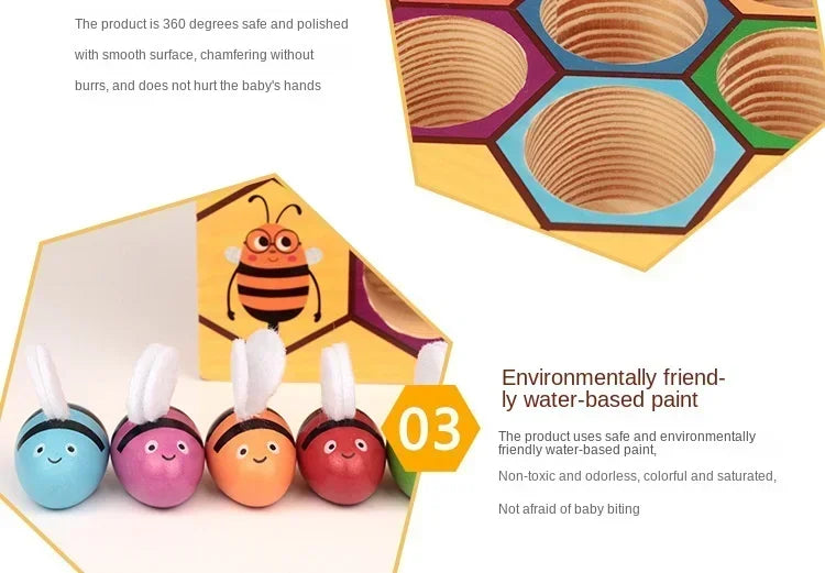 A set of three wooden bee trap toys in various colors demonstrating logic and fine motor skills.