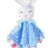 A white bunny plush toy with blue accents and a teether attached.