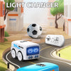 A blue Mini Bus toy with lights, a white Mini Bus toy, and a soccer ball on a road.