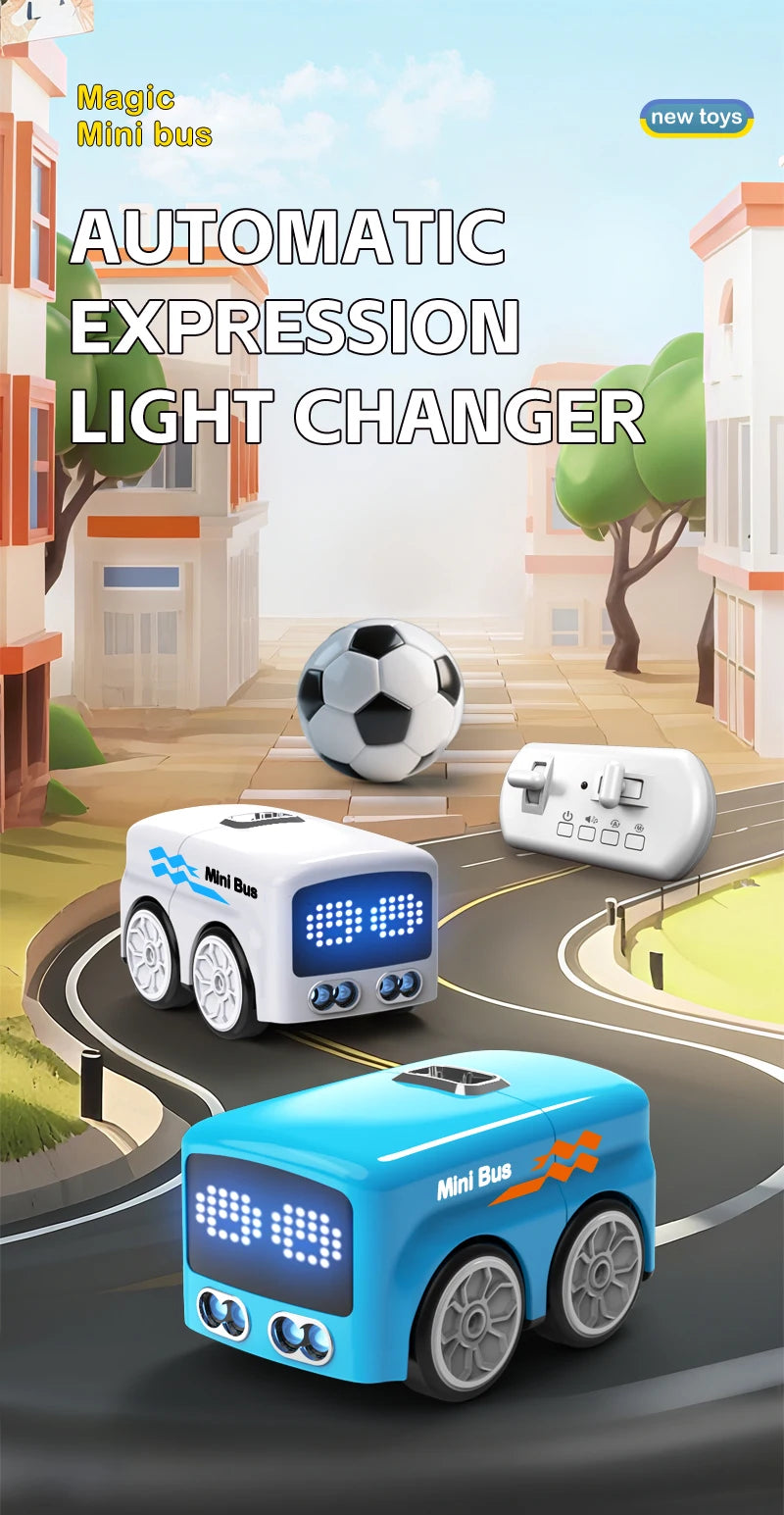 A blue Mini Bus toy with lights, a white Mini Bus toy, and a soccer ball on a road.