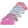 A collection of colorful knitted baby hats featuring cartoon animals and stripes.