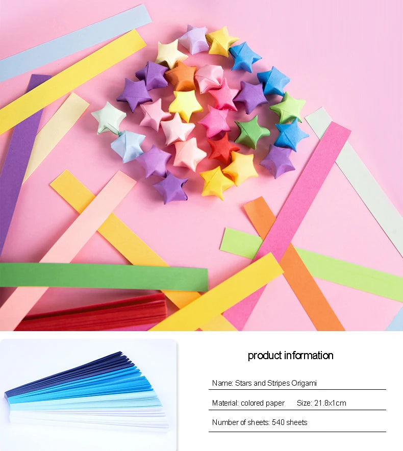 Colorful origami star paper strips and colored paper strips for crafting