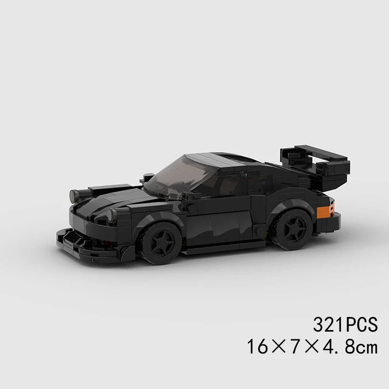 A black classic rally car building block set with orange accents, shown from the side.