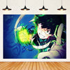 A vibrant anime-style illustration of a character with spiky green hair and glowing yellow energy against a dark blue backgro