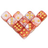 A set of ten 16mm acrylic poker dice with rounded corners and gold dots, featuring a multicolor marbled finish.