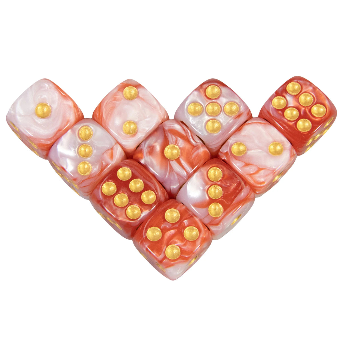 A set of ten 16mm acrylic poker dice with rounded corners and gold dots, featuring a multicolor marbled finish.