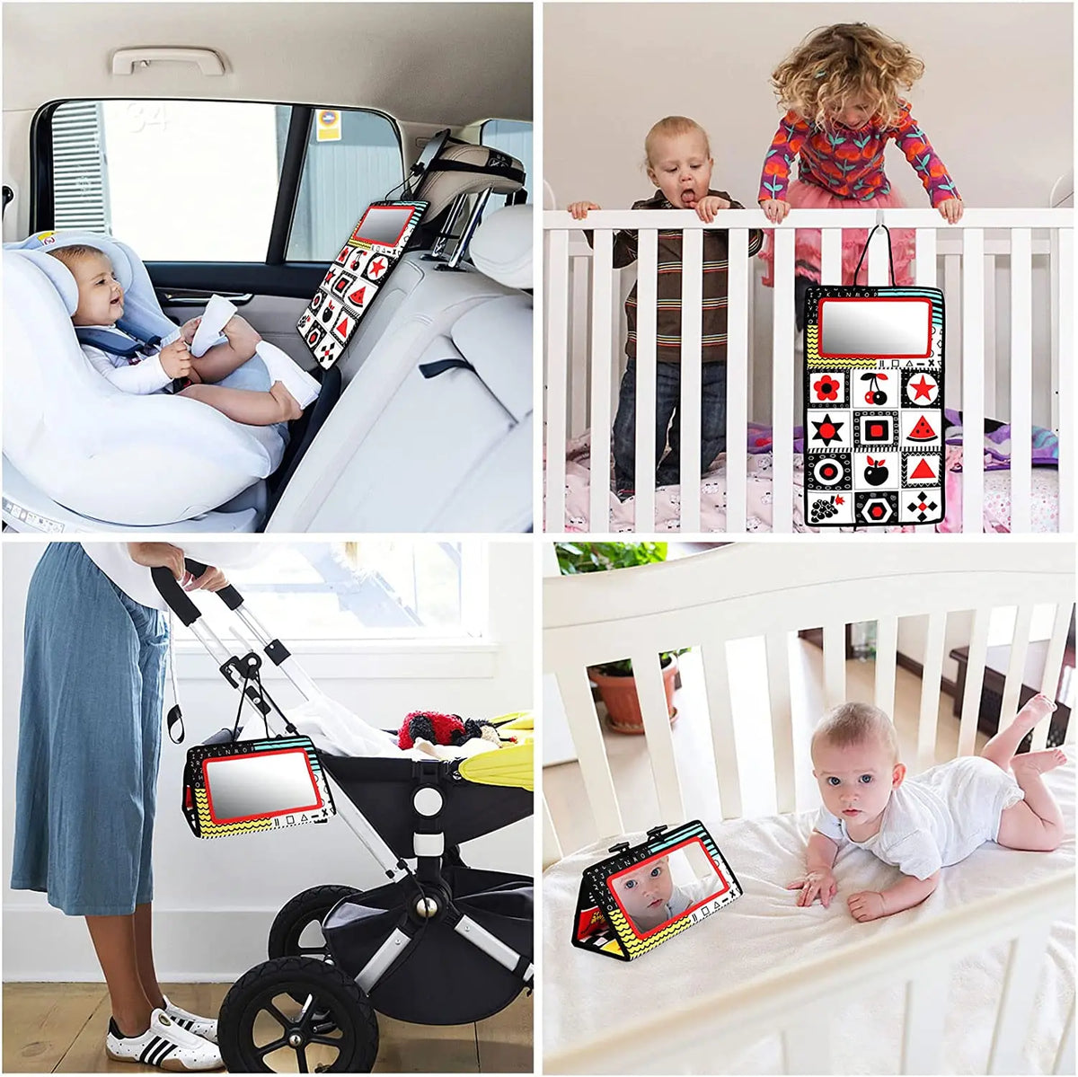 High-Contrast Tummy Time Baby Mirror with Crinkle Cloth Book and Teether