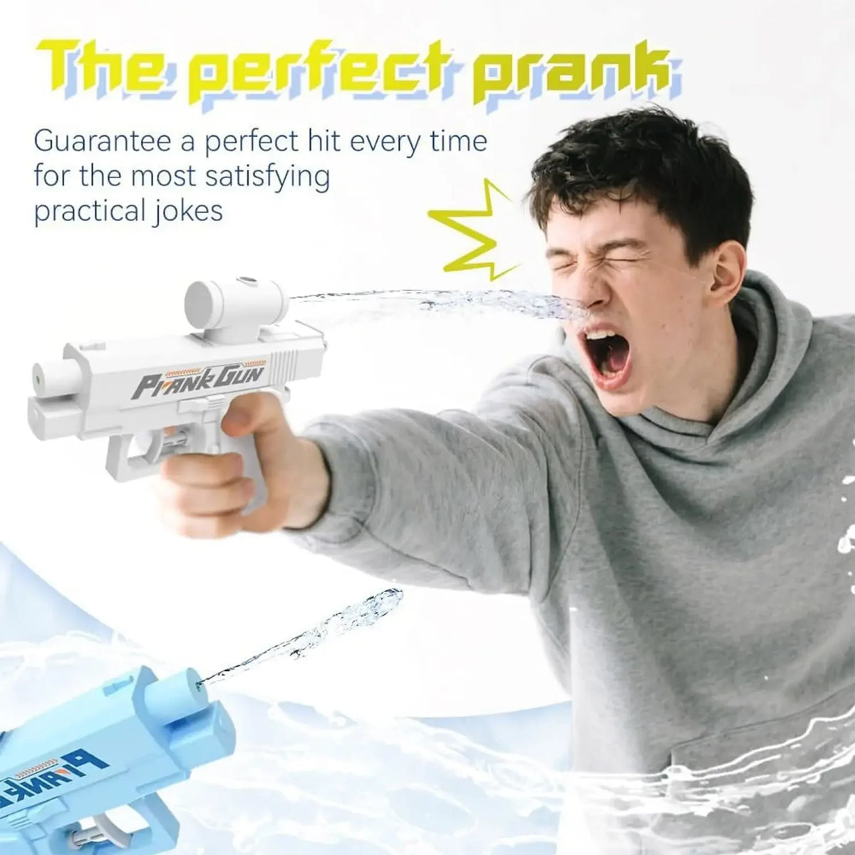 A man is using a white prank gun to spray water, demonstrating its double spray function.