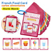 A set of 20 French food cards with 38 words, featuring flashcards for juices, ice cream, hot dogs, fries, and water.