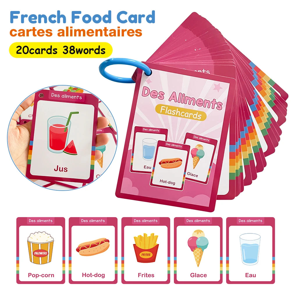 A set of 20 French food cards with 38 words, featuring flashcards for juices, ice cream, hot dogs, fries, and water.