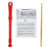 Red 8-hole soprano recorder with an accompanying cleaning rod and fingering chart