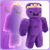 A purple plush toy resembling a character with a gold crown and black eyes.