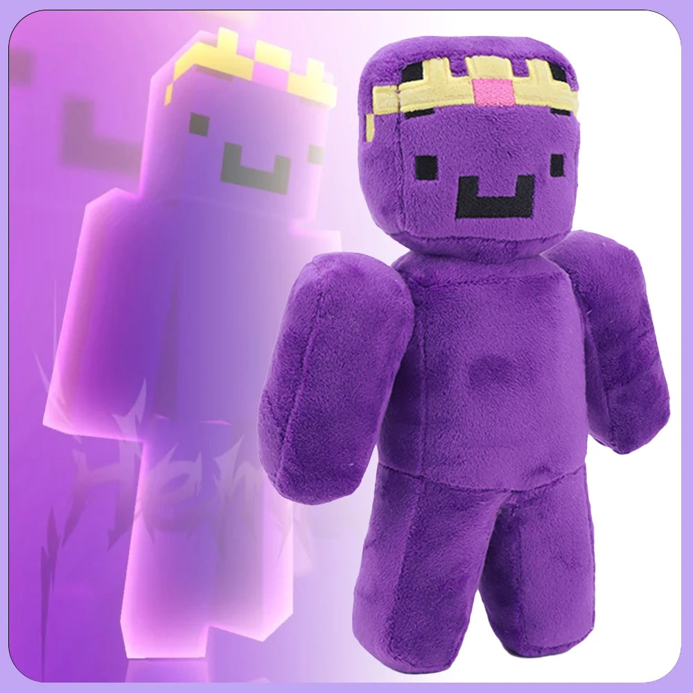 A purple plush toy resembling a character with a gold crown and black eyes.