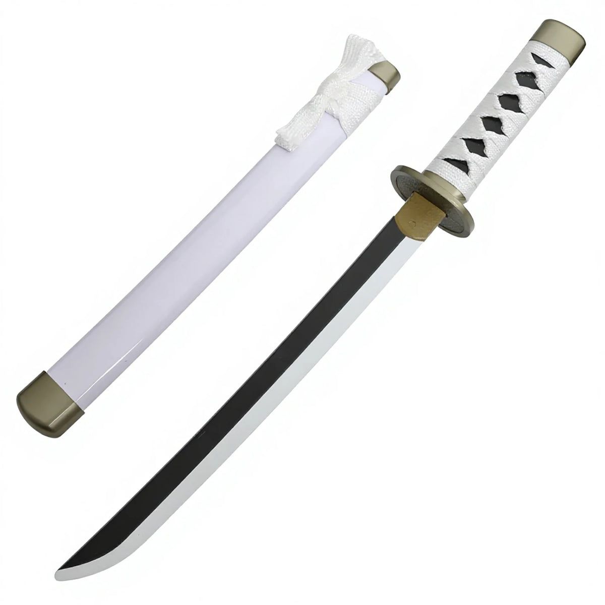 A replica katana sword of 16.5 inches with a white grip and a black blade, featuring a decorative guard.
