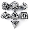 A collection of polyhedral dice in various shapes and numbers, including a d12, d20, d8, and d6.