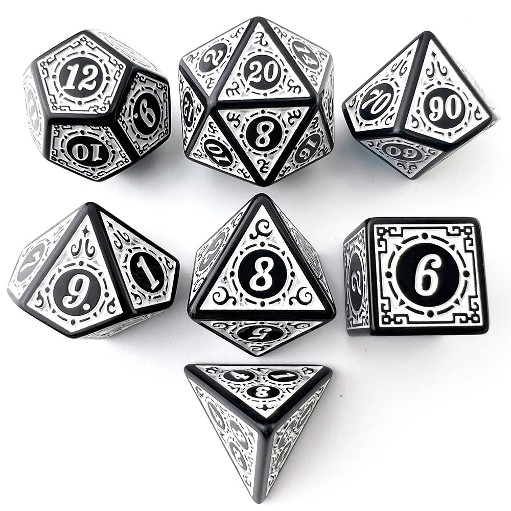 A collection of polyhedral dice in various shapes and numbers, including a d12, d20, d8, and d6.