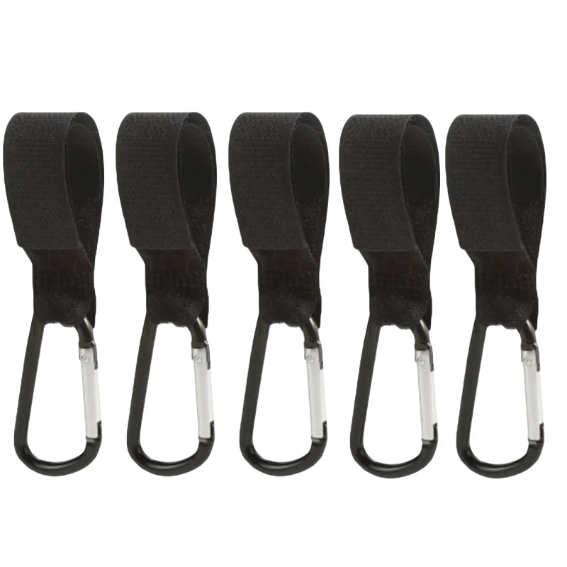 Five black nylon straps with aluminum alloy hooks for stroller attachment.