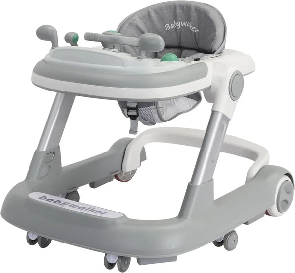 A gray baby walker with a feeding tray and supportive handles is shown from the side.