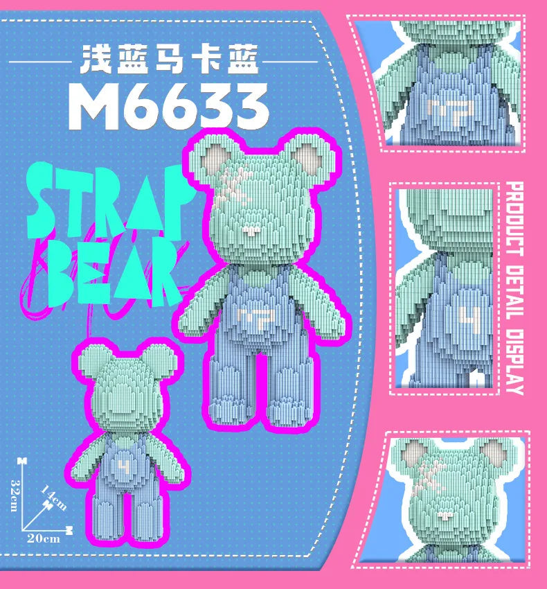 A detailed illustration and assembly guide for an M6633 bear brick set featuring a striped bear design.