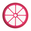 A pink silicone baby teether set with fruit and vegetable shapes, featuring a circular design.