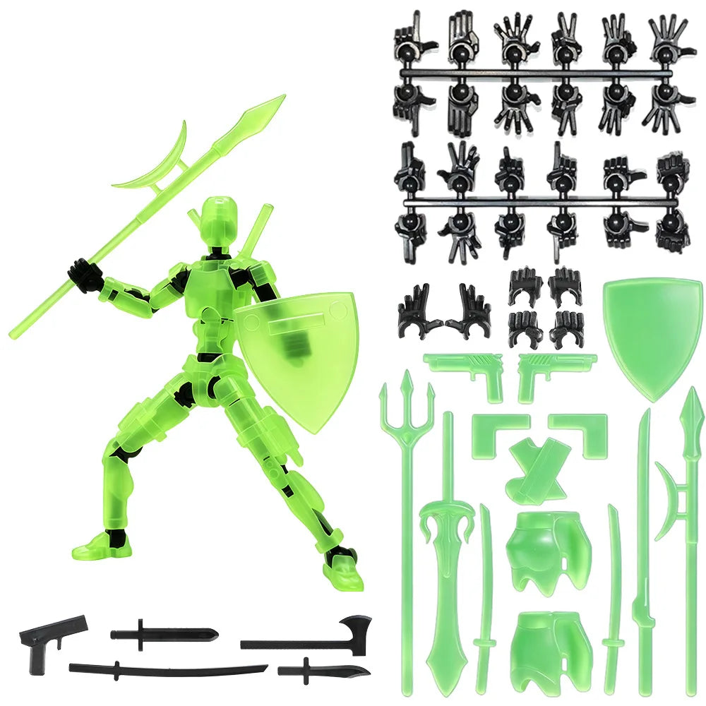 A green magnetic multi-jointed action figure building set with various accessories and a display stand.