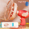 An angel style electric bubble machine in pink and orange, showing a water tray and bubble liquid bottle.