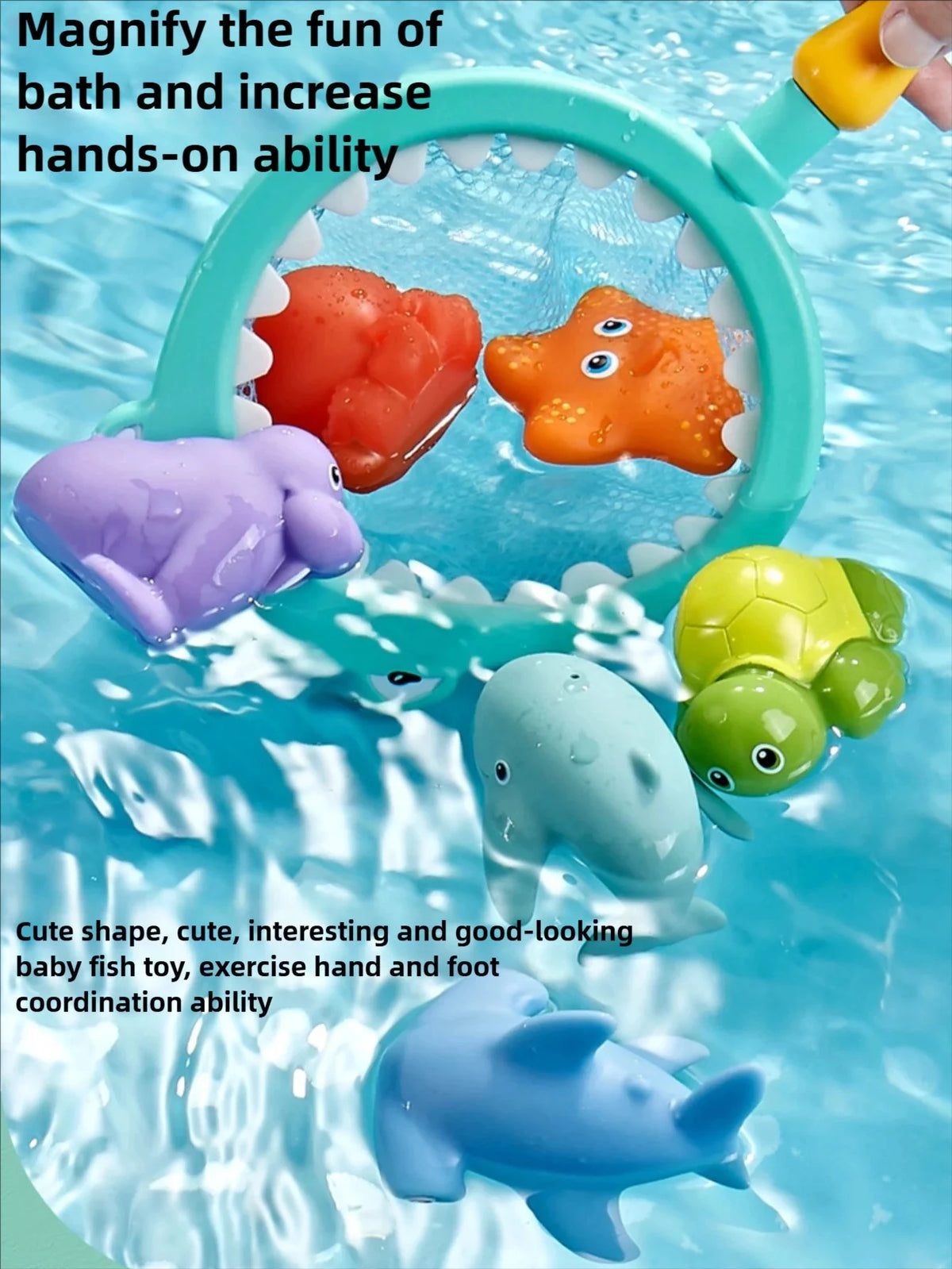 A colorful water-squirting turtle bath toy with a fishing net is shown floating in clear water.