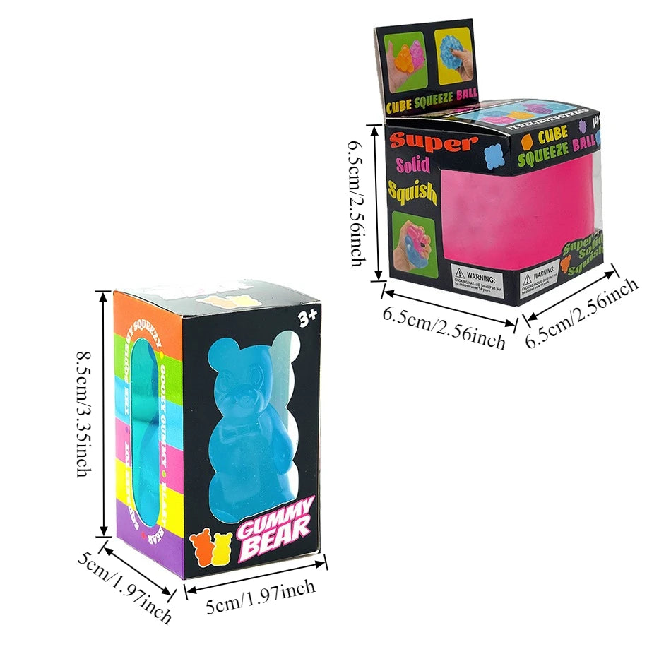 A box of a blue gummy bear sensory fidget cube for stress relief and focus.