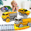 A yellow toy truck and a gray toy truck are shown on a flexible track with a smiling child in the background.