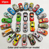 A collection of 15 colorful die-cast mini racing cars in various colors and designs displayed on a white background.
