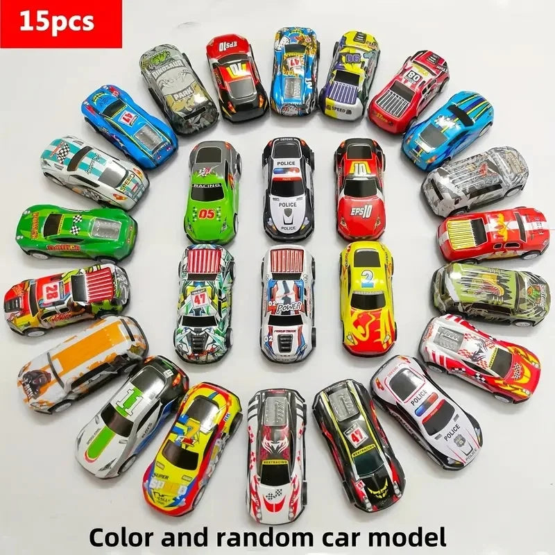 A collection of 15 colorful die-cast mini racing cars in various colors and designs displayed on a white background.