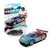 A purple and green color changing pull-back racing car model displayed next to its packaging.