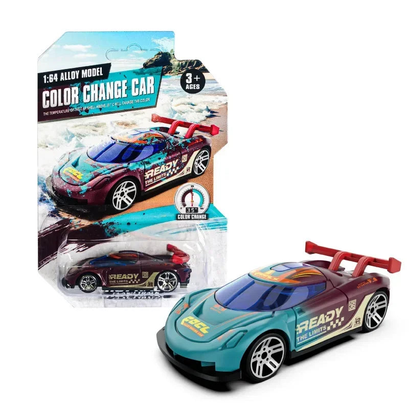 A purple and green color changing pull-back racing car model displayed next to its packaging.