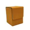 A square, tan leather deck box with a stitched edge is shown from the top view.
