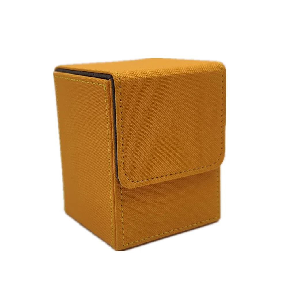 A square, tan leather deck box with a stitched edge is shown from the top view.