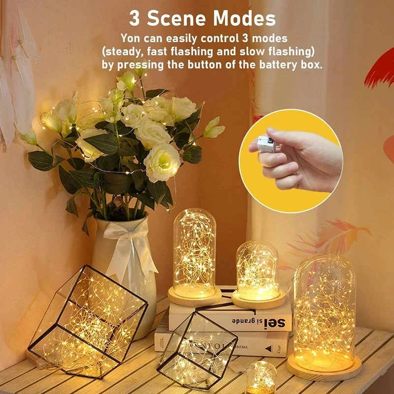 Battery-powered fairy lights displayed in various glass containers showing three glow modes