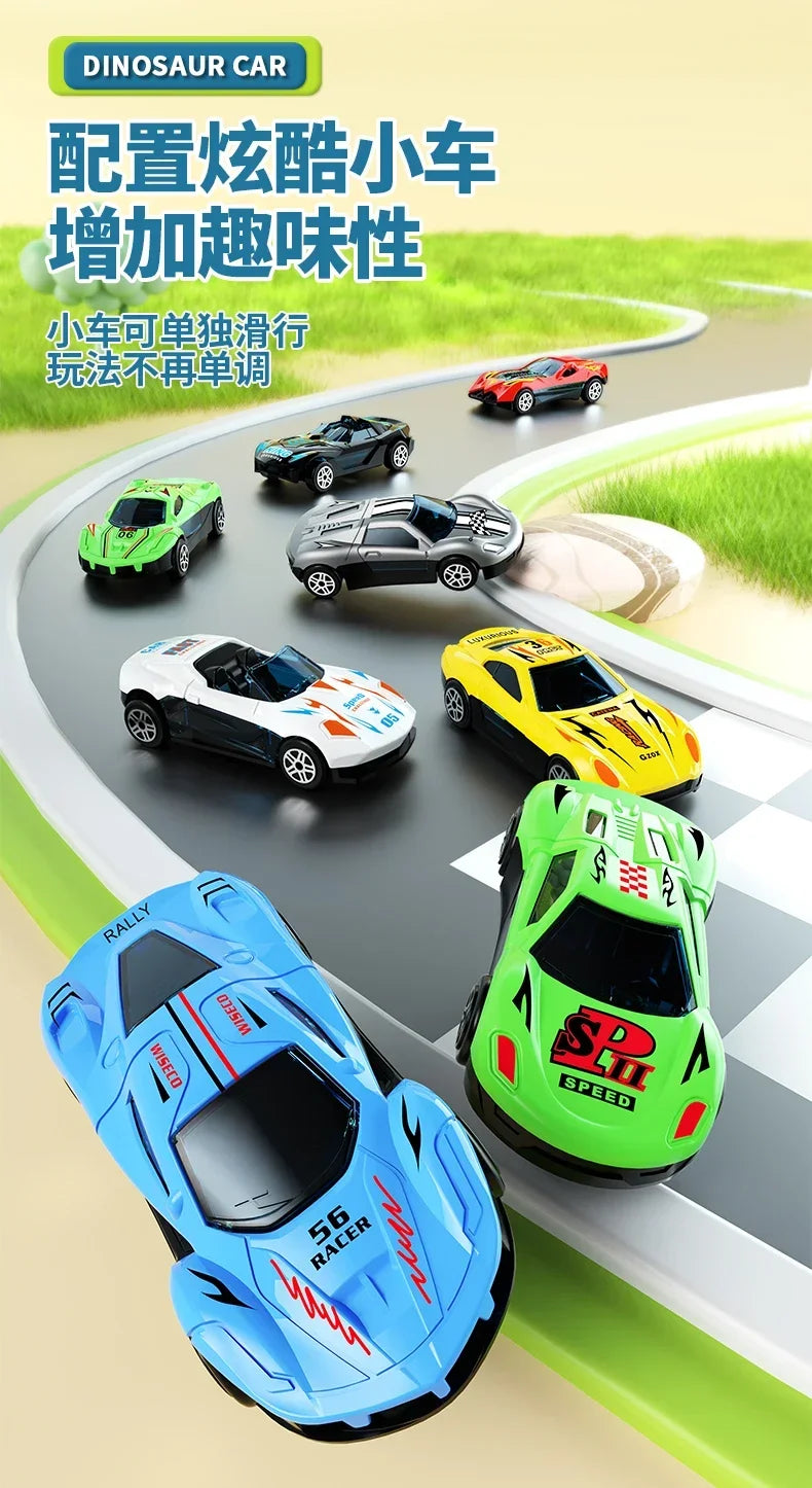 A collection of colorful die-cast cars and a blue sports car model displayed on a gray track.