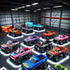 A collection of die-cast remote control off-road cars in various colors and models displayed on a dark surface.