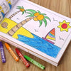 A 46-page kids drawing and coloring book featuring a tropical scene with palm trees and water.