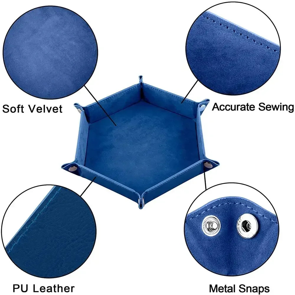 A hexagonal folding tray made of blue PU leather with soft velvet lining and secured by metal snaps.