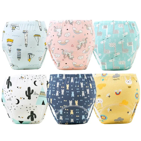 A set of five soft washable cotton training pants for toddlers featuring various animal and nature patterns.