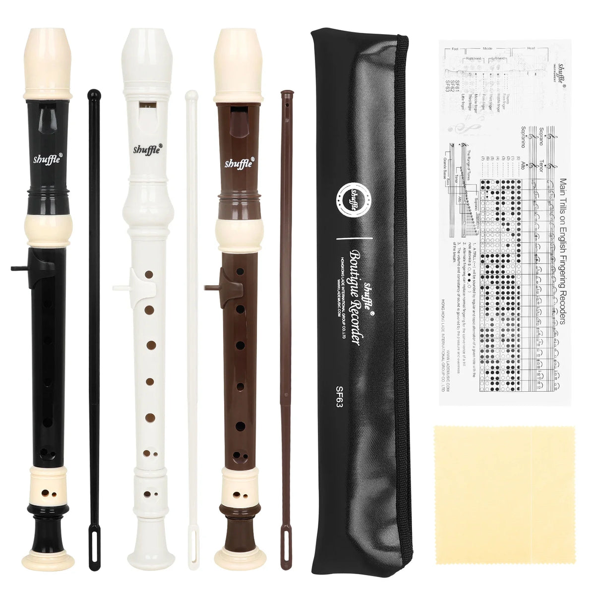 A set of Shuffle Baroque Clarinet Recorders in various colors and sizes with accompanying sheet music.