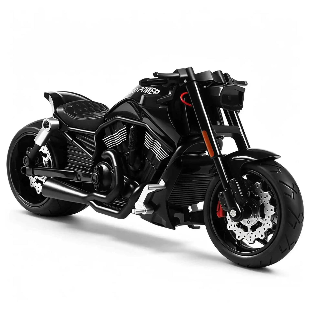 A black vintage die-cast motorcycle model in 1:10 scale shown from the side.