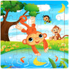 A colorful jigsaw puzzle featuring a monkey character in an orange outfit playing in a green landscape under a yellow crescen